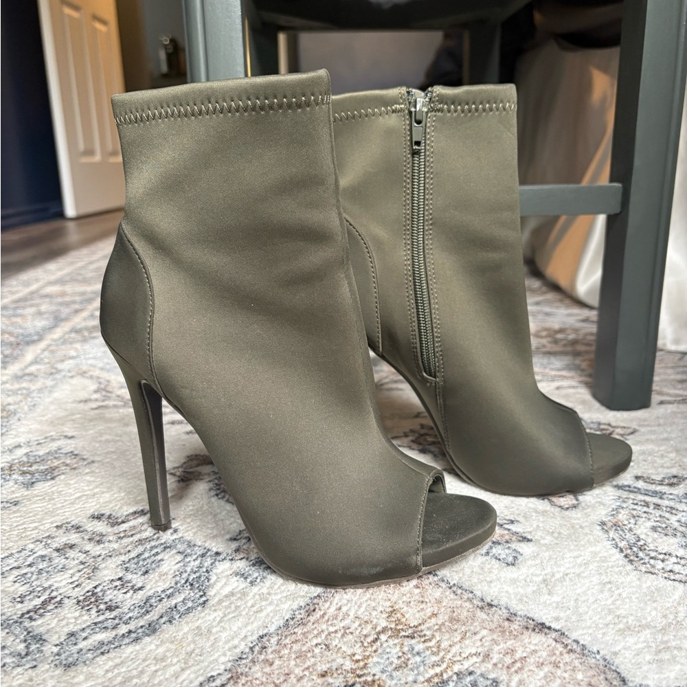 Olive green peep toe stilettos